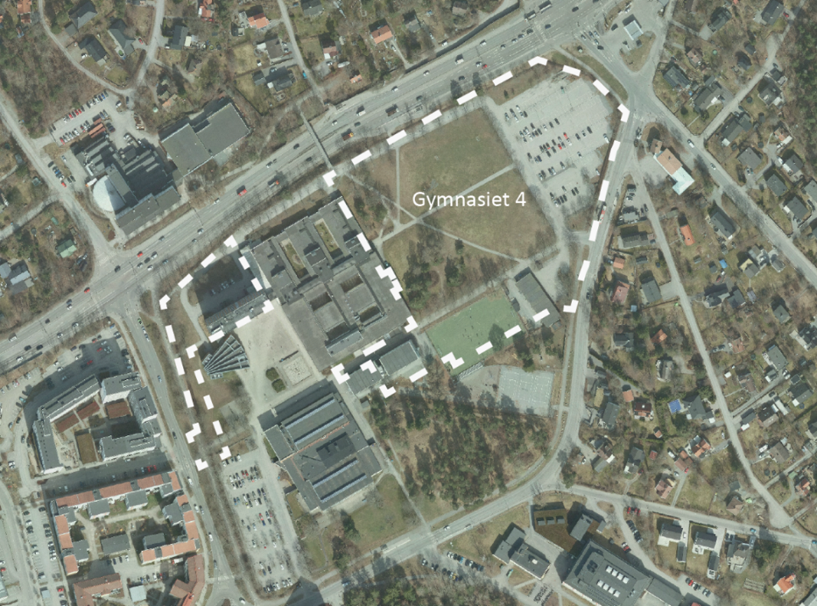Ungefärligt planområde inom vitstreckad linje. Planområdet består av två olika delar.