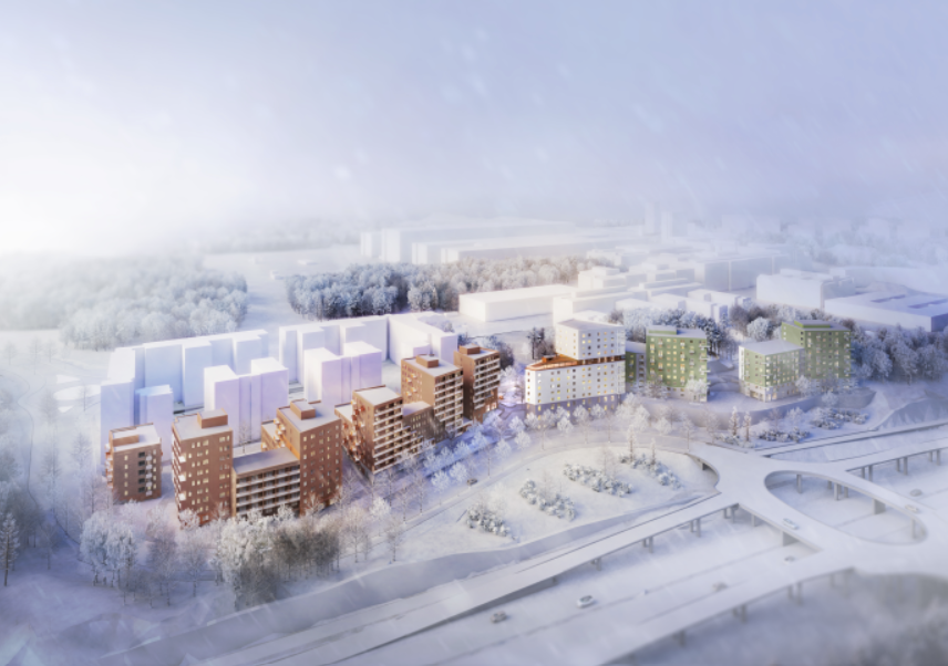Skiss över framtidens stadsfront i Flemingsberg. Fotograf - Fotograf/Källa: Sweco Architects